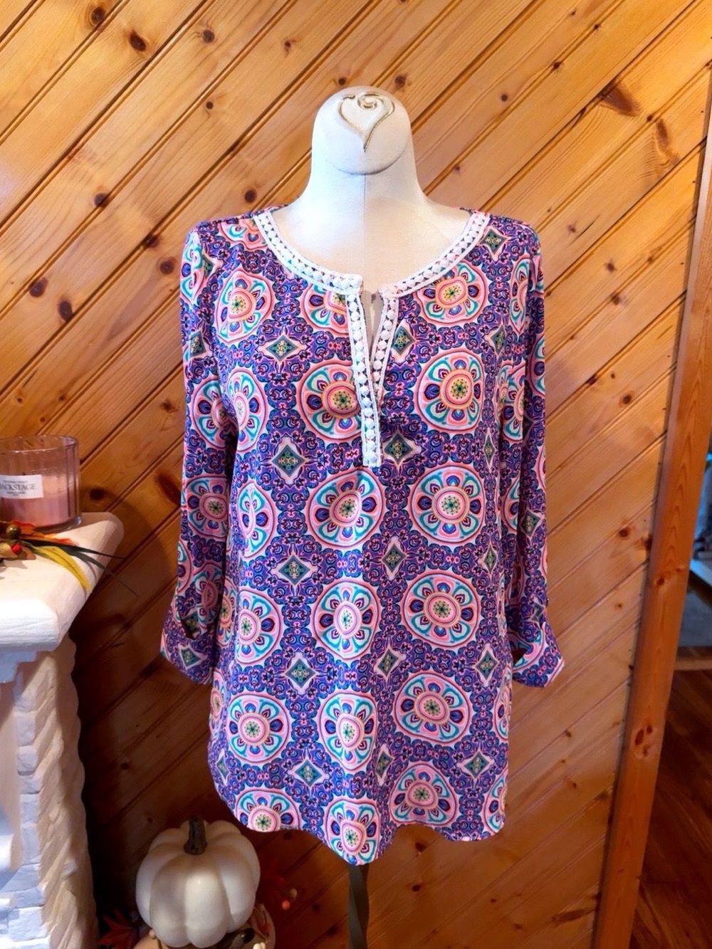 Peach Love California Boho Medallion Print Tunic Top Size Small 2010s Boutique